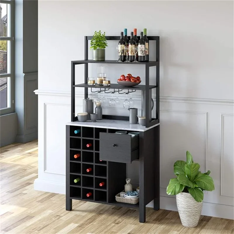 Vinho Buffet Gabinete com Garrafa Rack e Suporte de Vidro, Servindo Bar Mesa, 3 Prateleiras Gaveta, Armazenamento Aberto, 18 Garrafa Rack