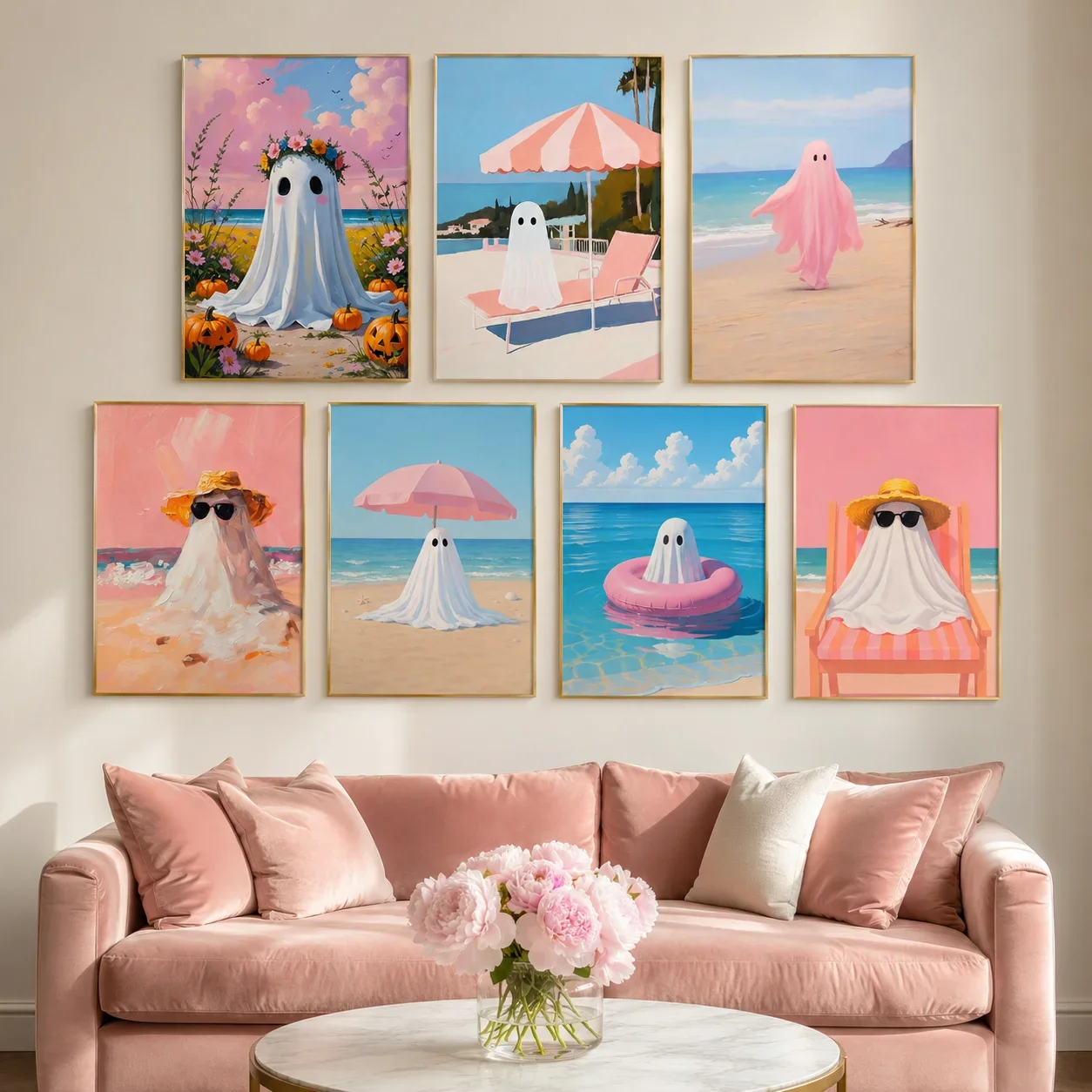 1PC Large-sized frameless canvas paintings,Pastel Pink Beach Ghost Canvas Gallery Wall Prints Cute Spooky Ghost Float Pumpkin Wa