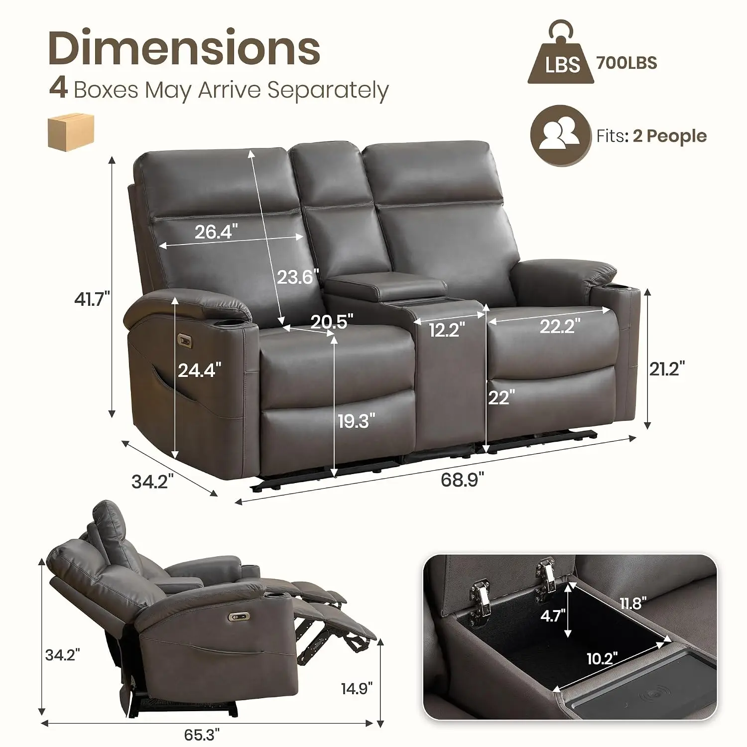 Power Recliner Loveseat, Electric Reclining Sofa, Grey, Customized