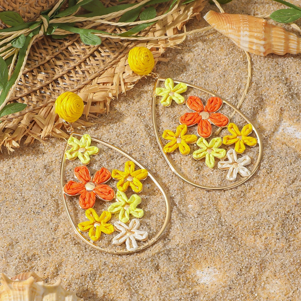 Lafite Grass Flower Tassel Earrings Sweet Fashion Woven Dangle Earrings High-End Bohemian Ear Jewelry