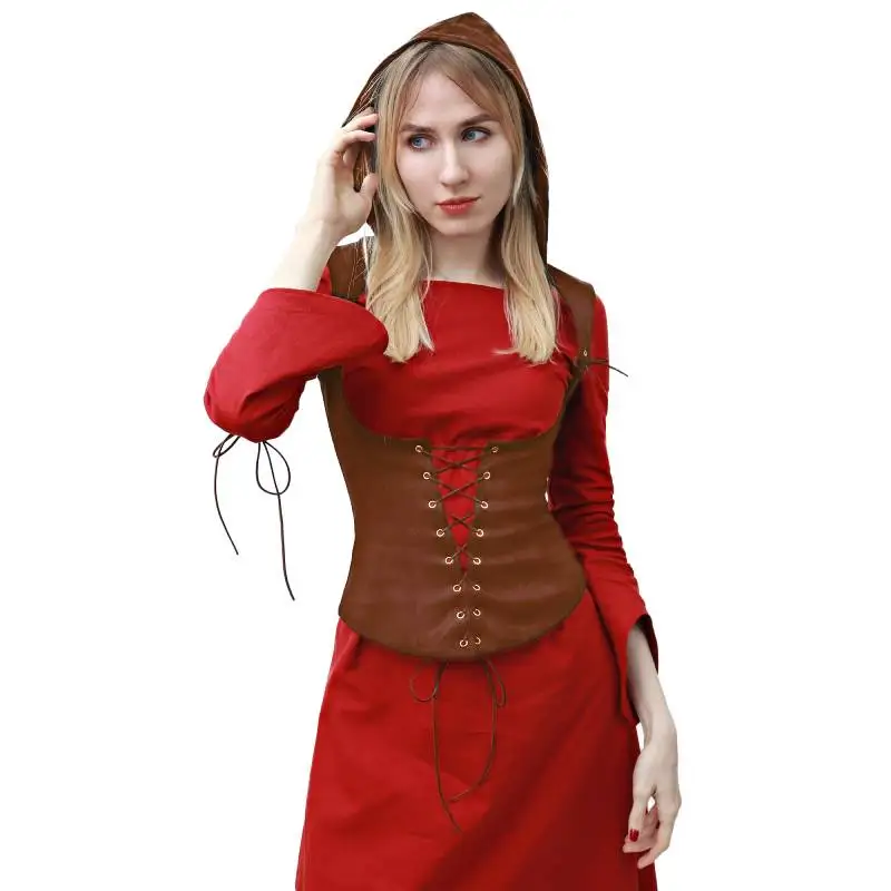 2023 Vintage Brown Suede Steampunk Underbust Corset with Hood Slimming Waist Trainer Corsets and Bustiers Sexy Gothic Clothing