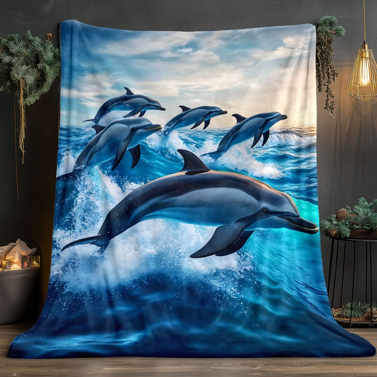 Dolphin Ocean Wave Print Fleece Blanket Flannel Throw Marine Life Sea Animal Design Soft Warm Bedding Home Decor for Kids Adults