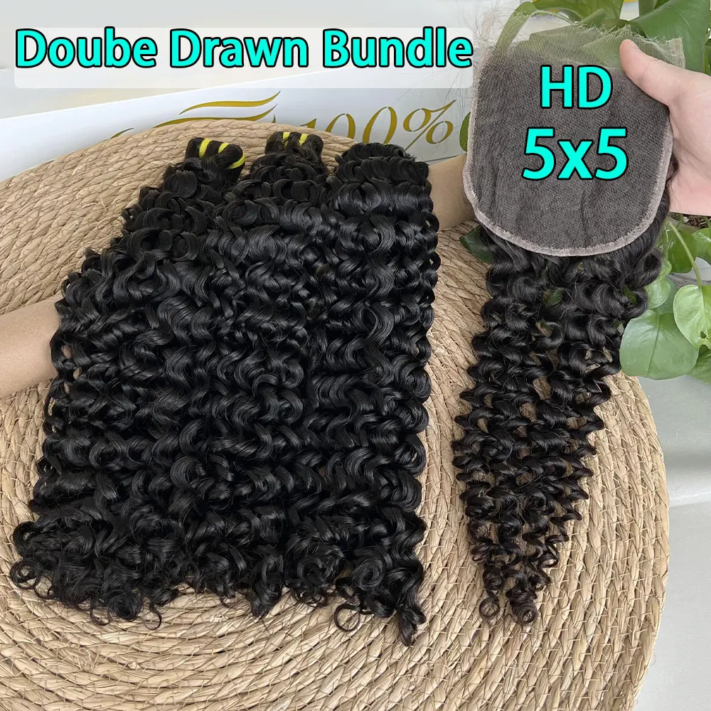 

Doube Drawn Deep Curly 100% Unprocessed Raw Human Hair Full End Bundles With Closure Frontal 5X5 HD 4 Bundle For Woman