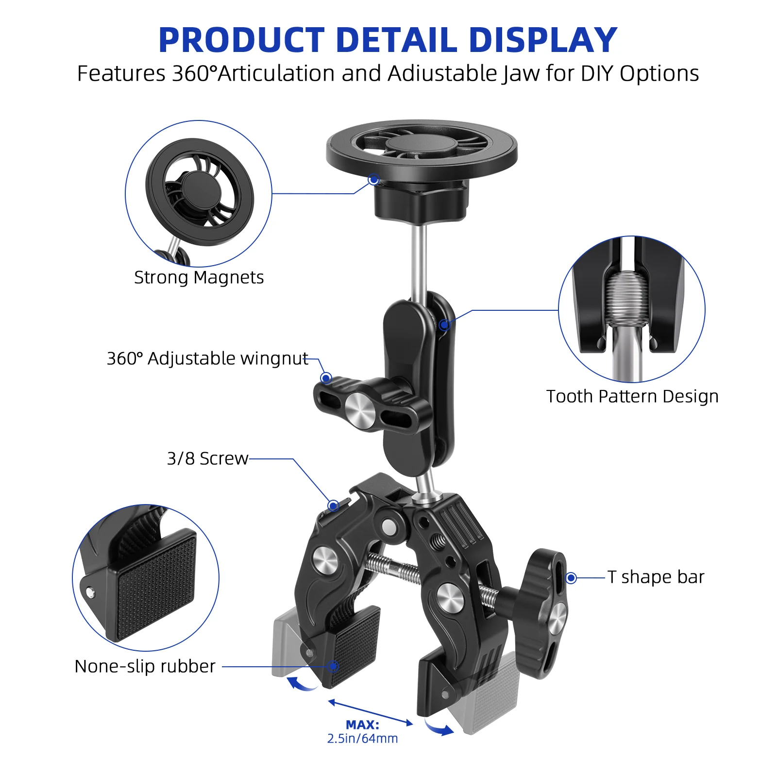 Super clamp Cell Phone Clamp Mount Monitor 360° Double Ball Magic Arm, Strong Magnetic Aluminum Alloy Phone Holder