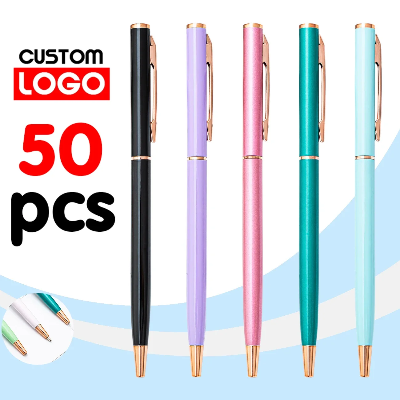 50pcs Custom Logo Multi-color Ballpoint Pen Engraved Text Ball Pen Office School Stationery Advertising Pen for Teacher Gift