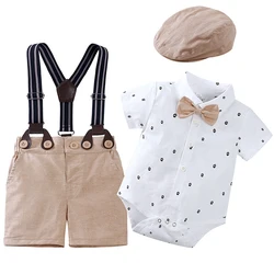 Baby Boy manga curta bodysuit set, terno cavalheiro, shorts, chapéu, correias, roupa de fotografia recém-nascido, moda verão, BC698, 4pcs