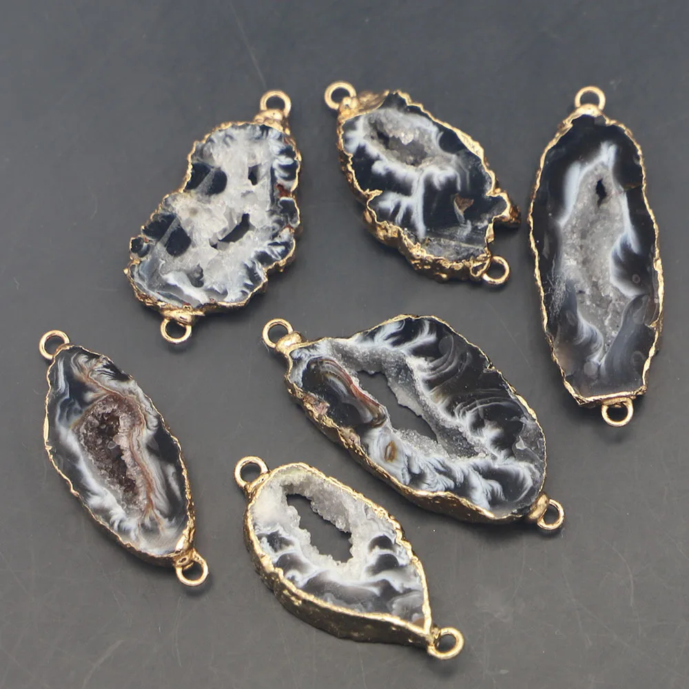 

1 шт. подвеска-коннектор из натурального камня, черный агат, неправильной формы, с позолоченным краем, для самостоятельного изготовления серег, ожерелья, ювелирных изделий