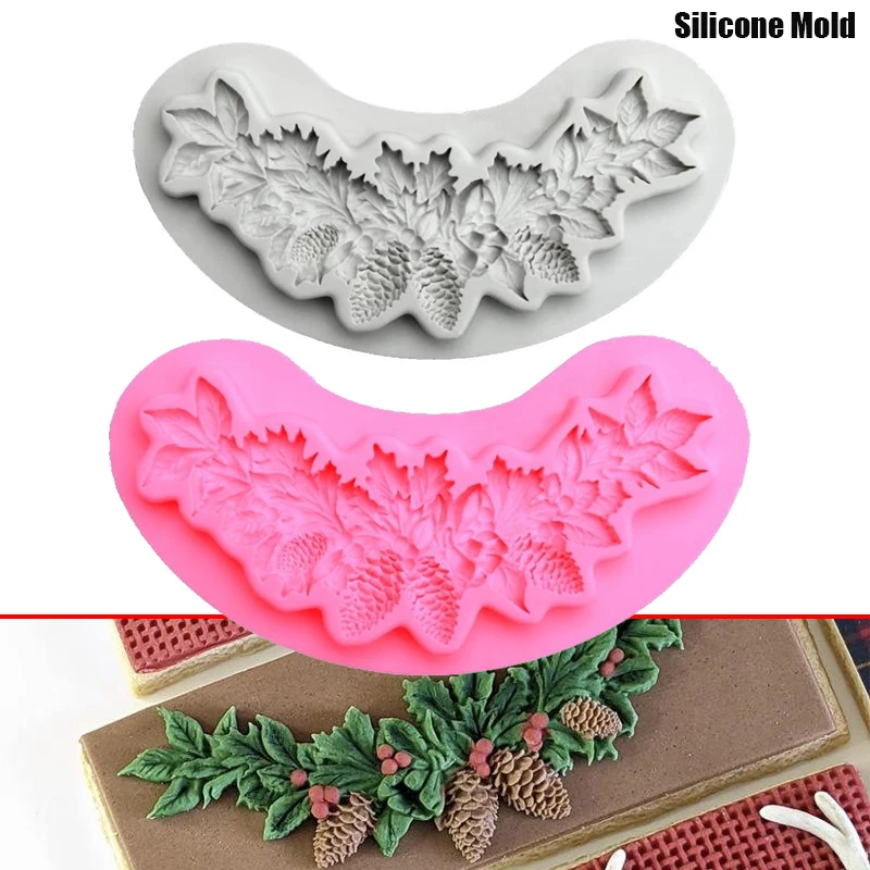 1PC Christmas Pine Leaf Wreath Silicone Cake Mold Kitchen Mousse Chocolate Pastry Hand DIY Dessert Cake Silicone Baking Supplies