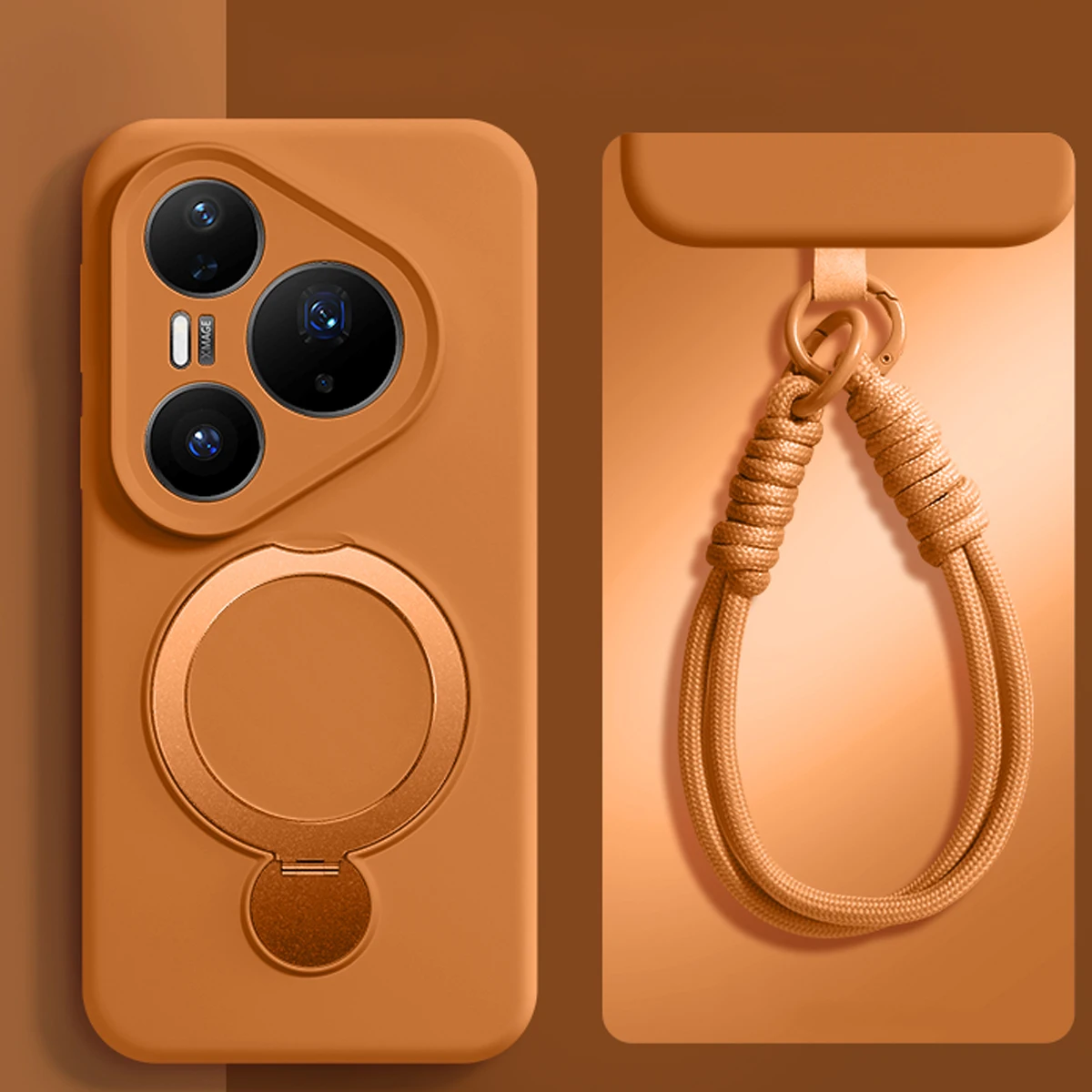 Wireless Charging Rotate Kickstand Liquid Silicone Case For Huawei Pura 70 Pro 90 80 Pro, Lanyard Camera Protection Phone Cover