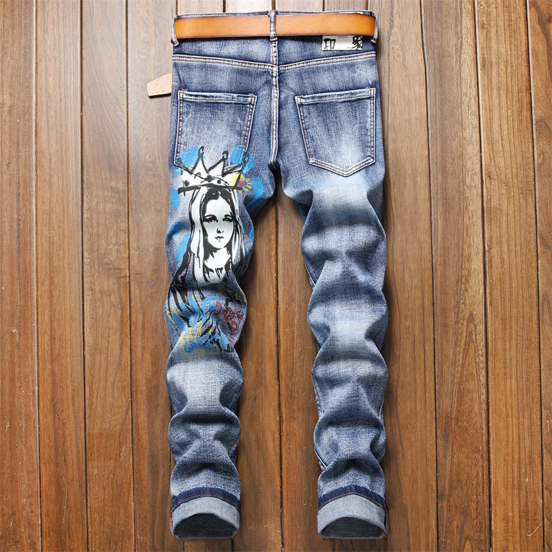 Men’s Trendy Printing Decors Denim Pants,High Quality Slim-fit Stretch Jeans,Street Fashion Sexy Blue Jeans,Daily Casual Jeans