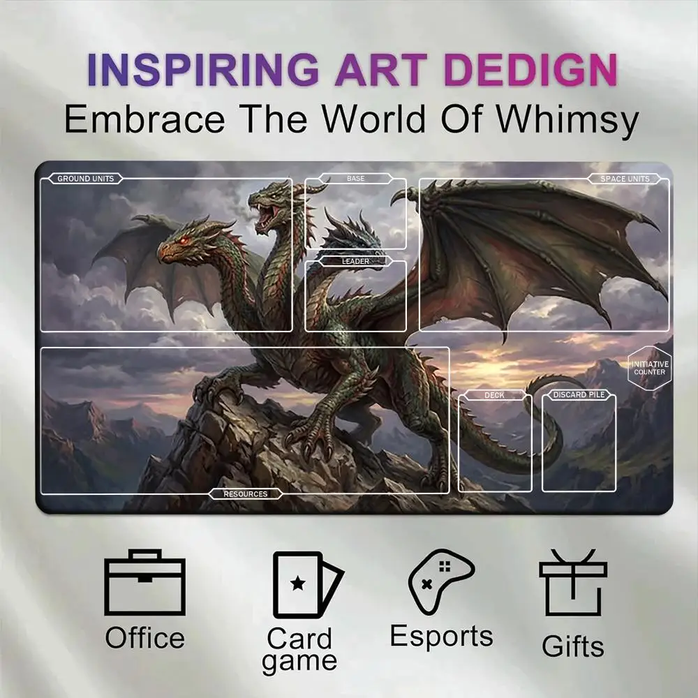 Two-Headed Green Dragon TCG Playmat With Printed Zones, Mountain Cliff Fantasy Trading Card Game Mat Non-Slip