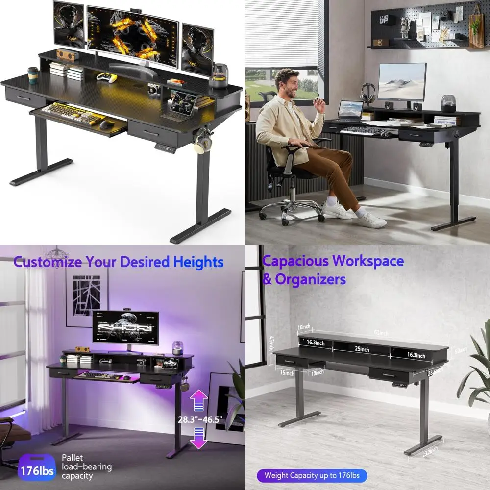 

Height-Adjustable Electric Desk 63x24 Inches with Drawers and Keyboard Tray for Ergonomic Sit-Stand Usage