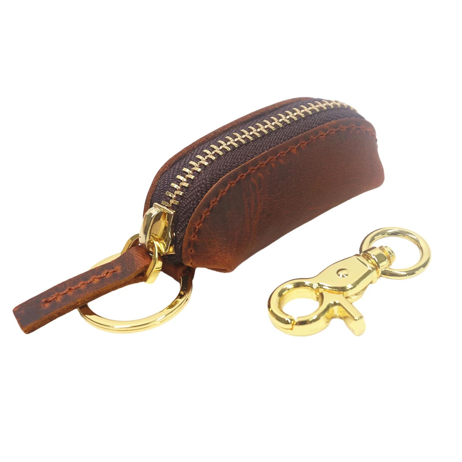 Genuine Leather Coin Pouch Keychain For Men Women Original Cowhide Handmade Small Zipper Coin Purse With Brass Key Chain Holder