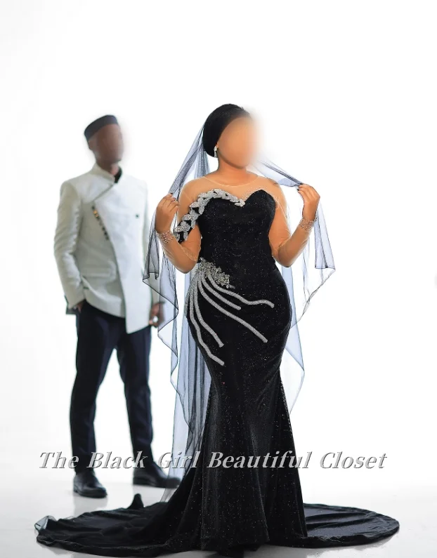 

Customized Special Black Tulle Wedding Dress Round Neck Tulle Long Sleeve Studded Beaded Glitter Pleated Fishtail Trailing Brida
