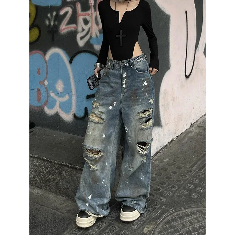

Streetwear Gothic Vintage Y2k Ripped Jeans Women Harajuku 2000s Trashy Denim Trousers American Retro Baggy Pants Pantalones