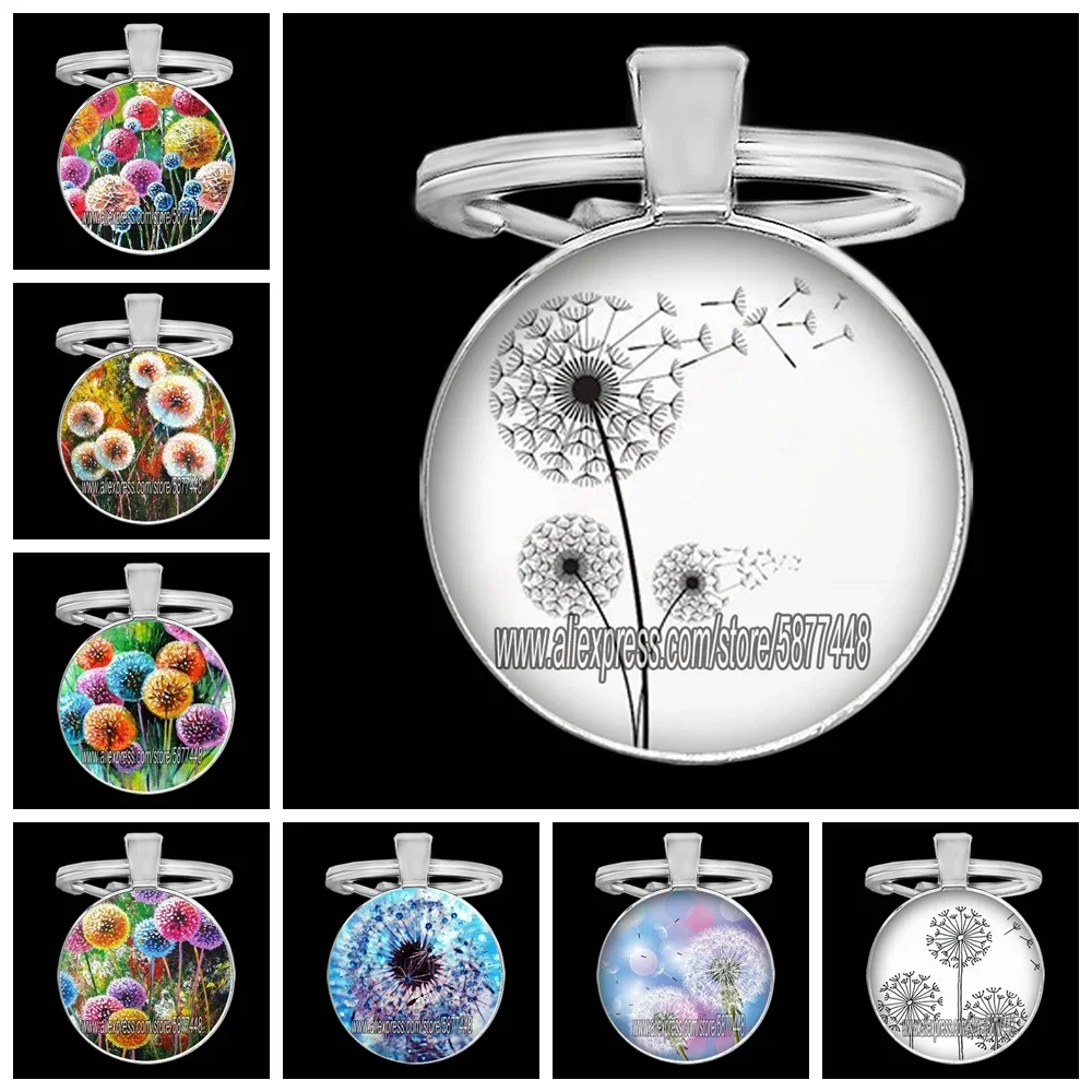 beautiful dandelion photo round glass cabochon keychains oil painting of dandelion pendent key rings for women