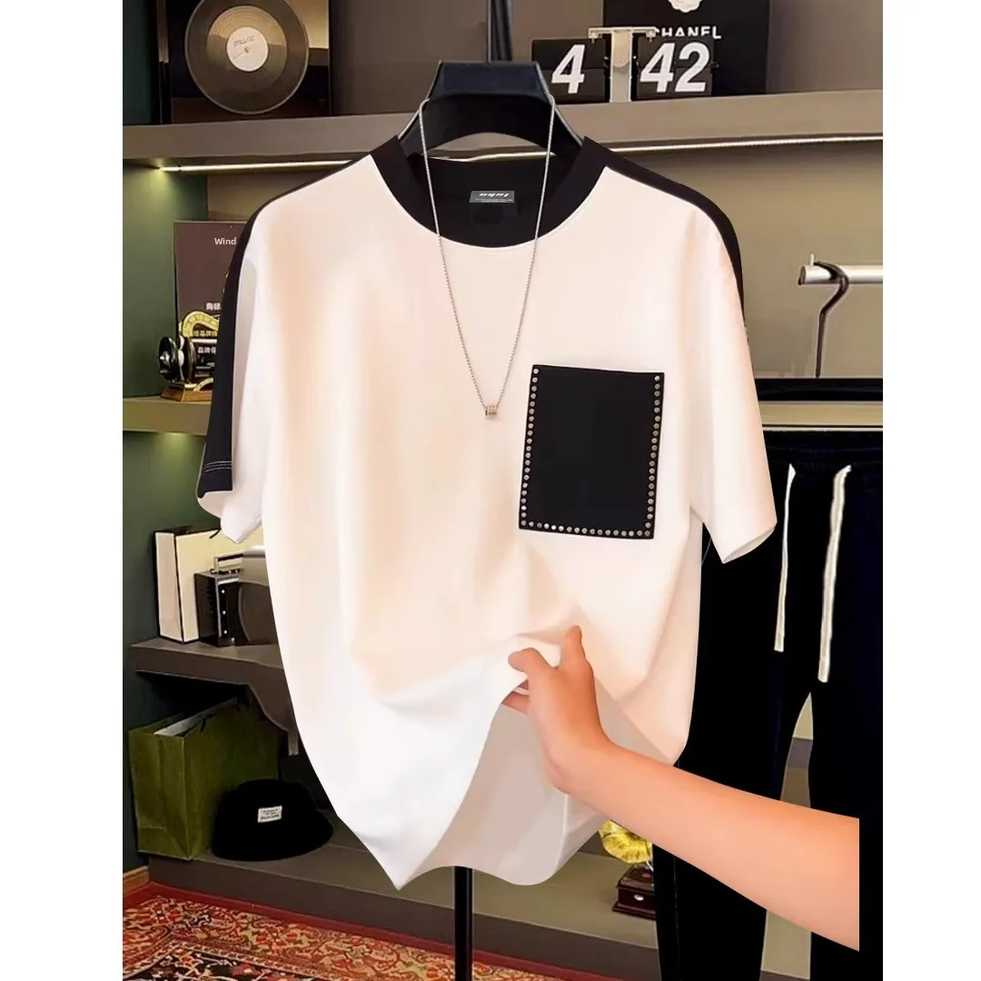 

Мужская футболка свободного кроя с коротким рукавом, летняя коллекция 2025, повседневная базовая модель с креативным мозаичным дизайном, антибактериальная, молодежная, стильная