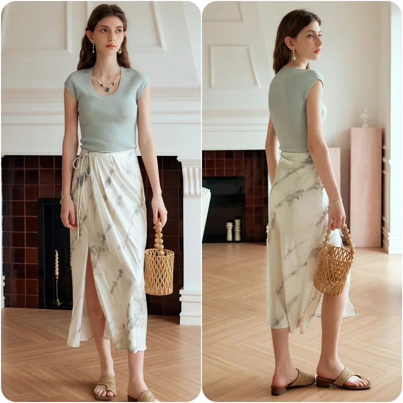 OLrain Elegant Satin Long Skirt Women 2025 Straight Printed Side Slit Tied High Waist Ladies Skirts Female Clothes O24XB83652