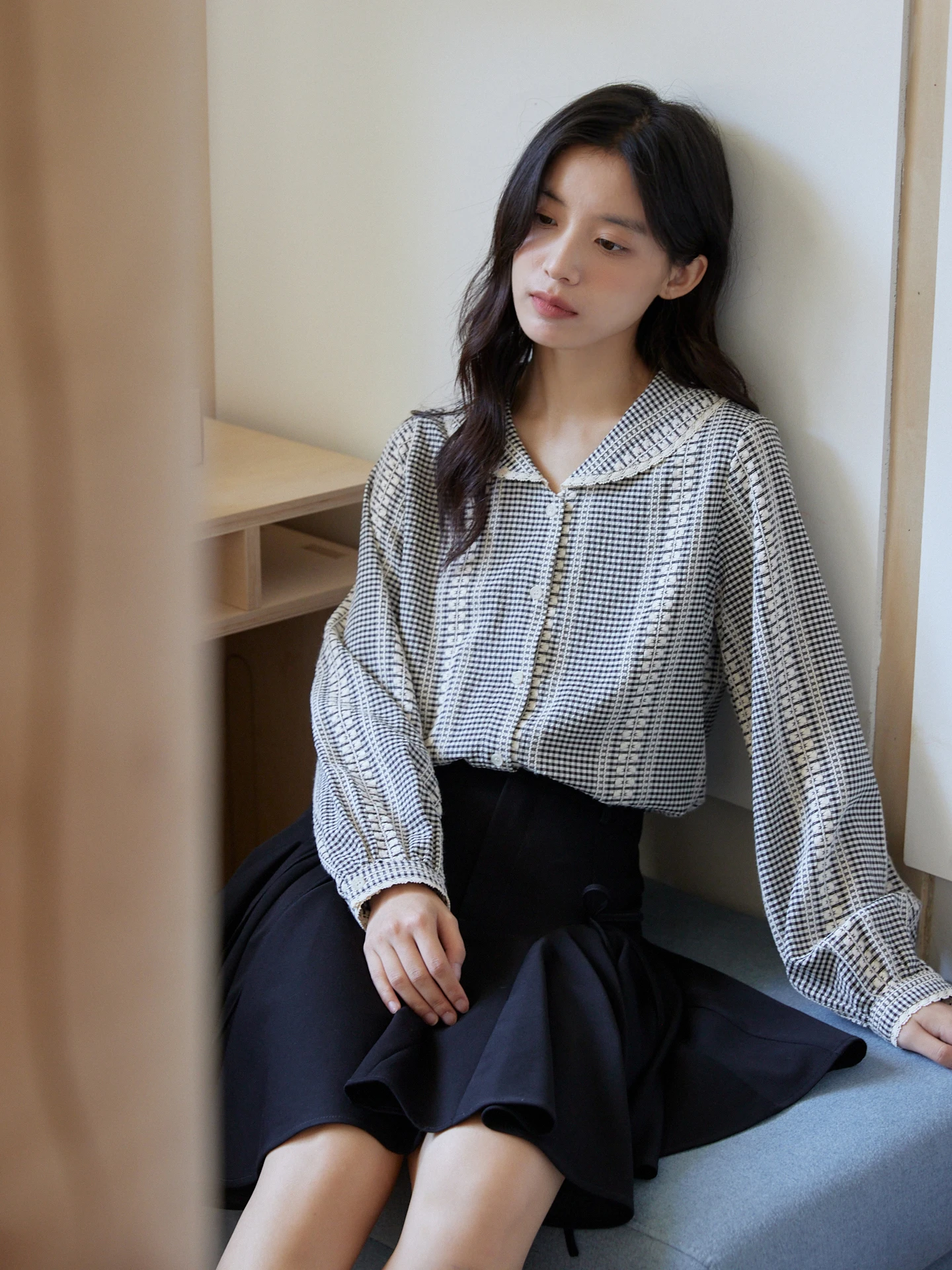 

MIXABO Ретро Bla, белая клетчатая длинная све irt, женский свободный дизайн, кукольный воротник, топ, кружево, полиэстер, смесь хлопка