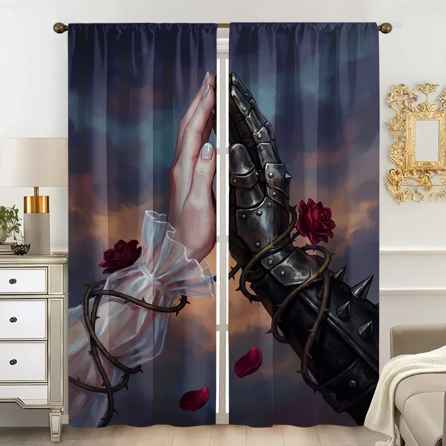 Gothic Rose Thorns Spiked Fantasy Curtain Drapes Moody Dark Romantic Art Window Decor Panel Living Room Bedroom Wall Tapestry