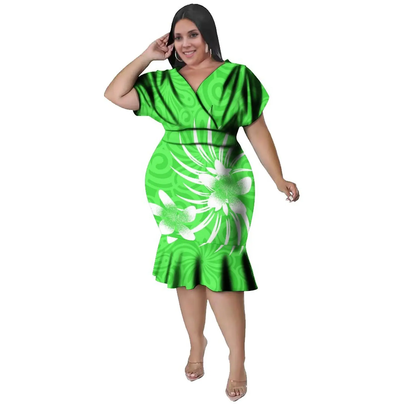 Individuelles Herren hemd 9xl und Frauen kleid mit V-Ausschnitt 5xl polynesisches Design bedrucktes Paarset