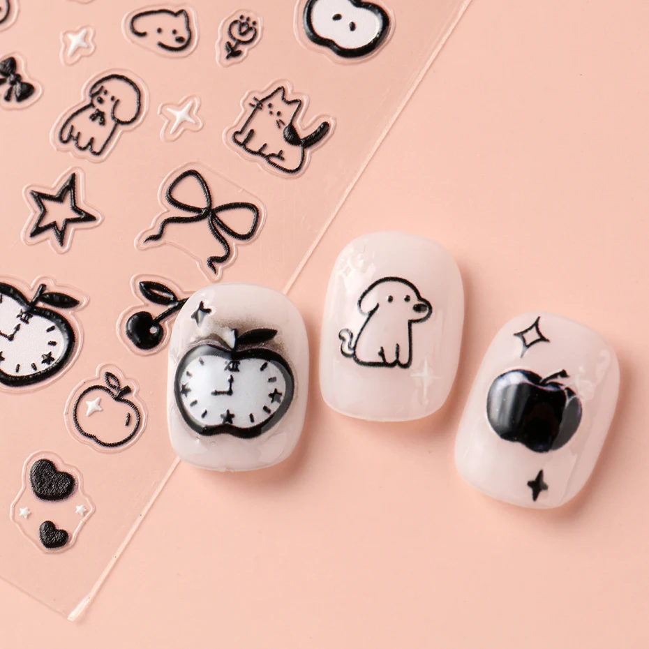 2 pezzi 5D in rilievo Graffiti Cane Gatto Adesivi per unghie Ciliegia Mela Decalcomanie adesive per unghie Tema frutta animale Decorazioni per unghie usa e getta