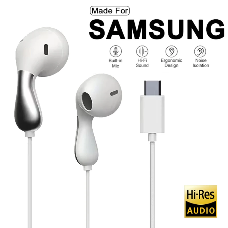 For Samsung Galaxy S26 S25 S24 Type-C Wired Headphone Hifi Stereo Sport Earbud 3.5mm In-Ear Headset With HD Mic For iPhone 18 17