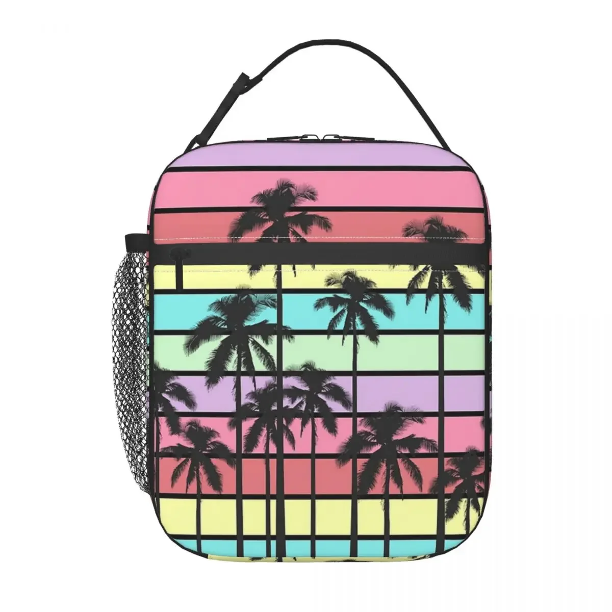 Colorful Summer Stripes With Tropical Palm Trees Insulated Lunch Bag for Women Kids Leakproof Food Boxes Thermal Lunch Box Tote