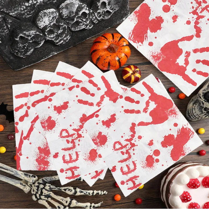 20Pcs 33x33cm 2-Ply Halloween Napkins Bloody Handprint HELP Horror Party Scary Decor Halloween Party Supplies