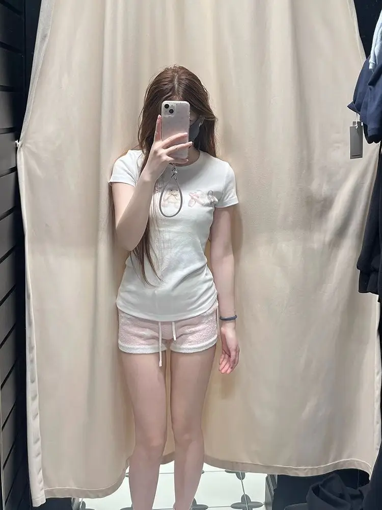 2025 الأبيض أرنب طباعة جولة الرقبة الكتف قصيرة الأكمام تي شيرت المرأة الصيف جديد الحلو سليم صالح التخسيس البنطال القصير #2