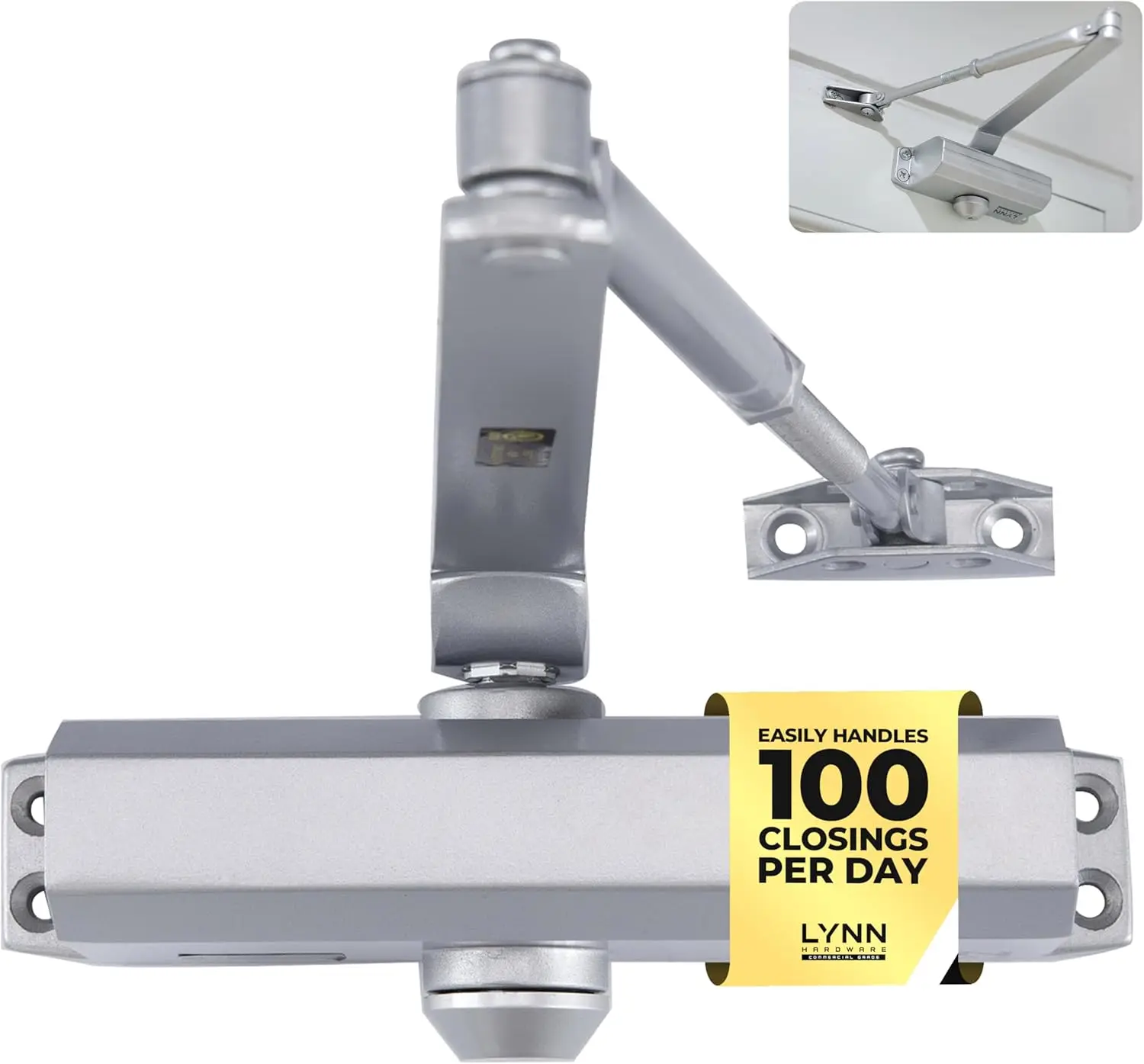 

Medium Duty Automatic Door Closer - Silver, Durable Cast Aluminum, Adjustable Speed, 3 Mounting Options, Fire Rated
