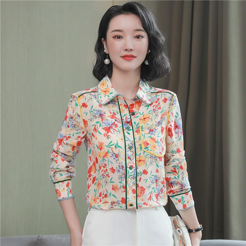 

Fashion Flower Printing Ladies Silk Shirts Women's Blouses 2022 Spring Autumn Long Sleeve OL Work Satin Shirts Tops Blusas Mujer