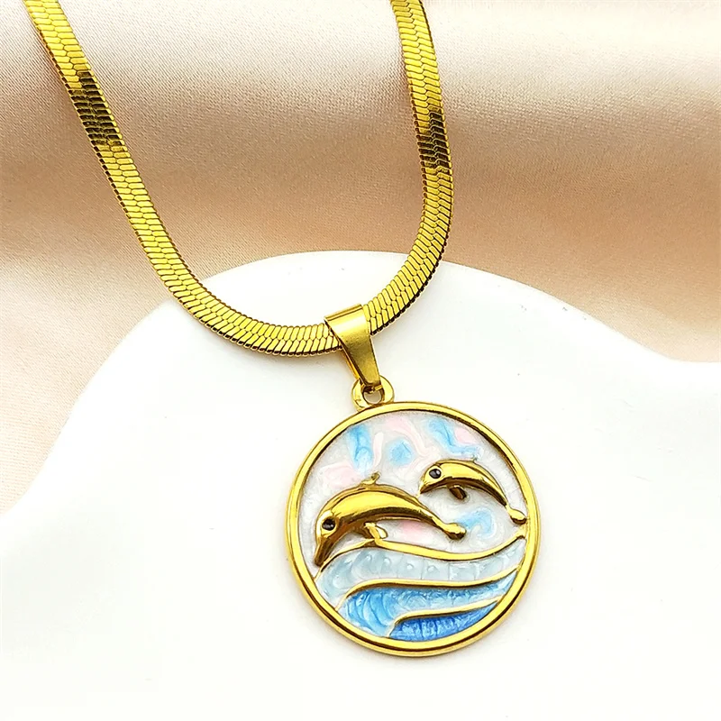 دولفين الأم والطفل المينا قلادة قلادة للنساء الفولاذ المقاوم للصدأ الذهب اللون خمر موجات المختنق سلسلة مجوهرات الأسرة