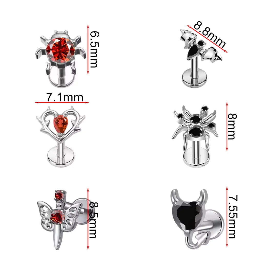 ASTM F136 Titanium Red Black Zircon Stud Earrings Set Hypoallergenic Body Piercing Jewelry For Women Men Fashion Ear Accessories