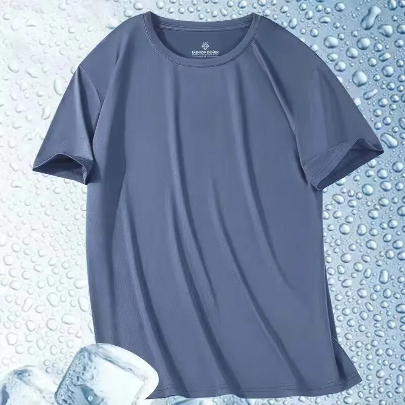 Summer Ice Silk Men T Shirt Short Sleeve Round Neck Breathable Thin Sport Running Quick Drying Tees Soft Elasticity Outdoor image 4