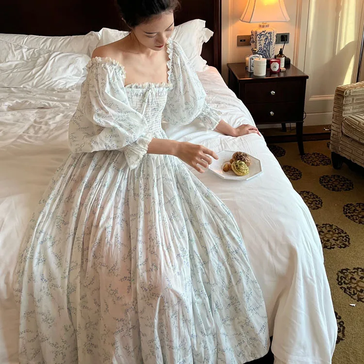 

100% Cotton Spring Sumer Floral Fairy Printed Nightgown French Retro Girl Sweet Home Outfit Long Nightdress Women