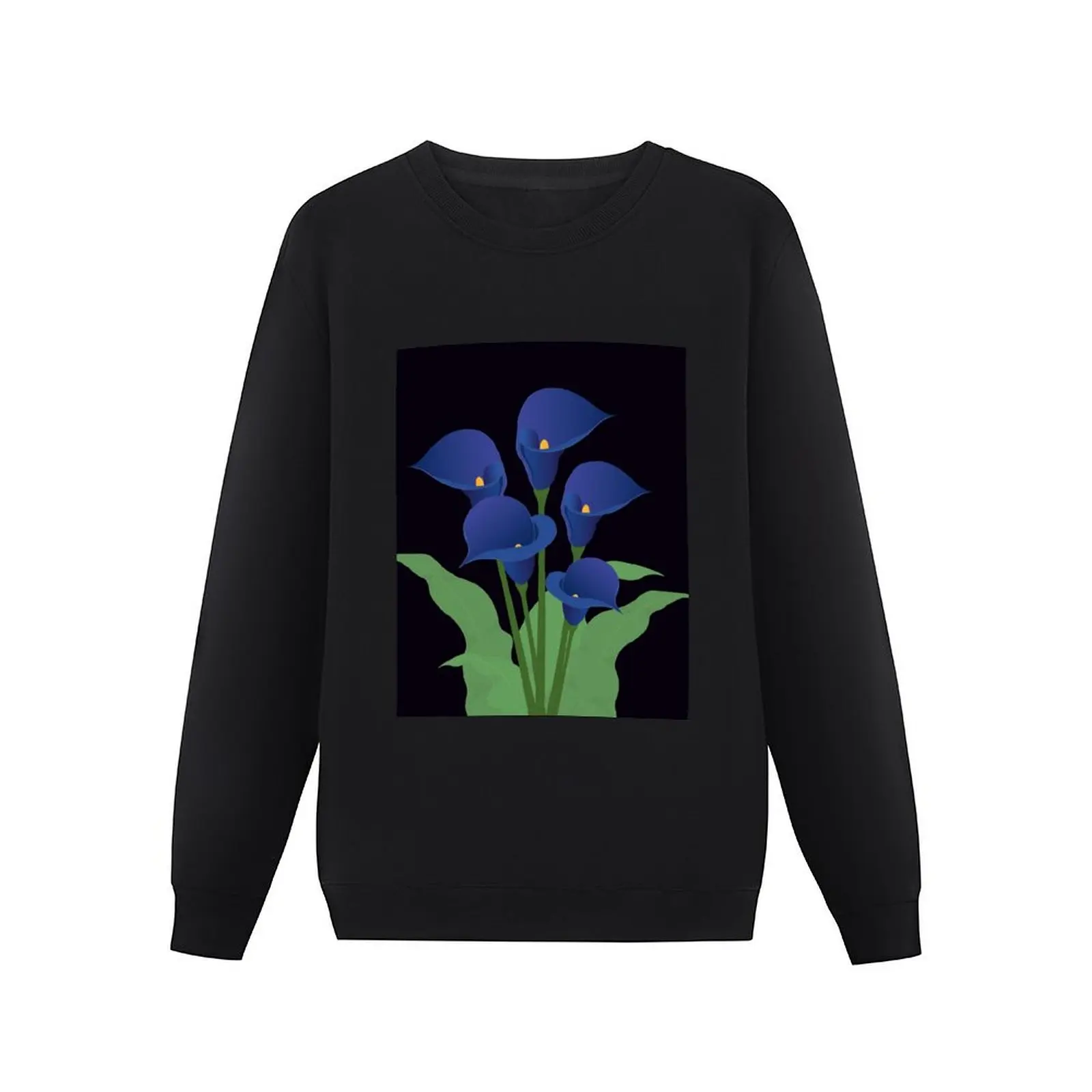 Saturated blue colour calla lily bouquet on black background Pullover Hoodie korean autumn clothes oversize sweatshirts