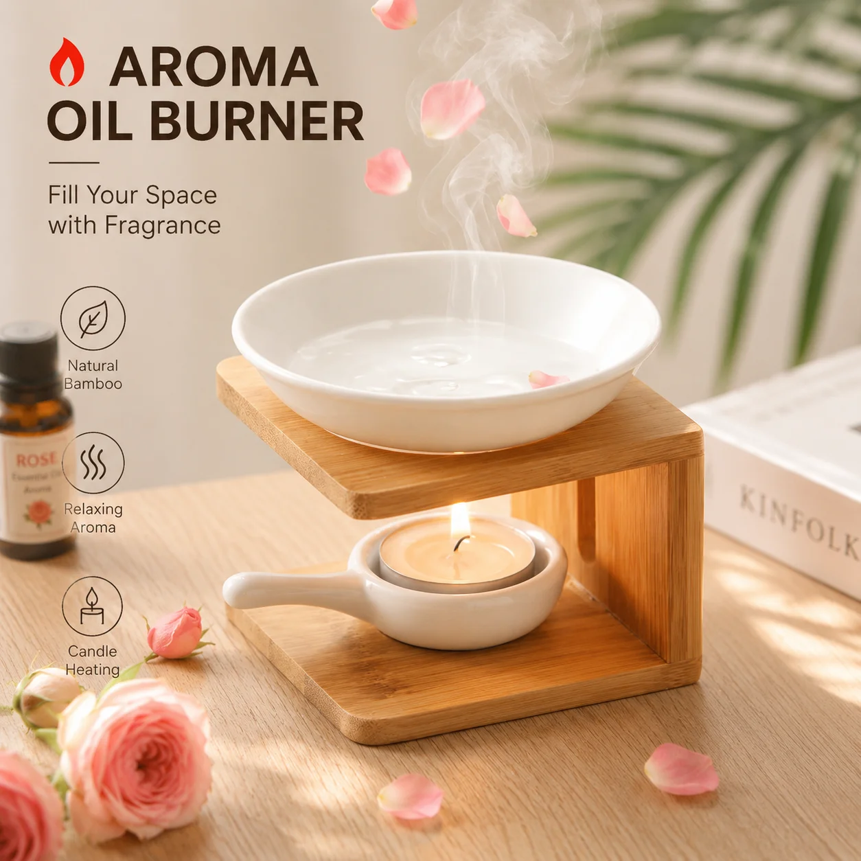 Home Fragrance Wax Melts - 竹製セラミックエッセンシャルオイルバーナー、ティーライトホルダー付きアロマセラピーワックスメルトウォーマー、ホームフレグランスディフューザー