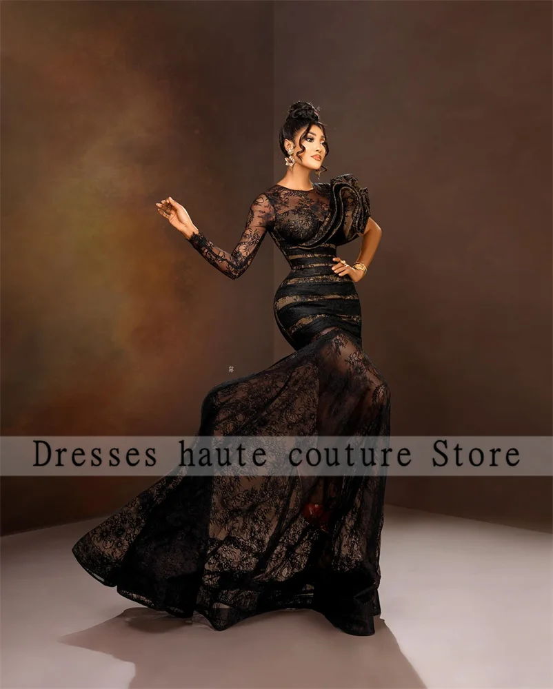 Aso Ebi Black Lace One Shoulder Evening Dresses 2025 For African Women Mermaid Prom Dress Shiny Wedding Party Gown Customized