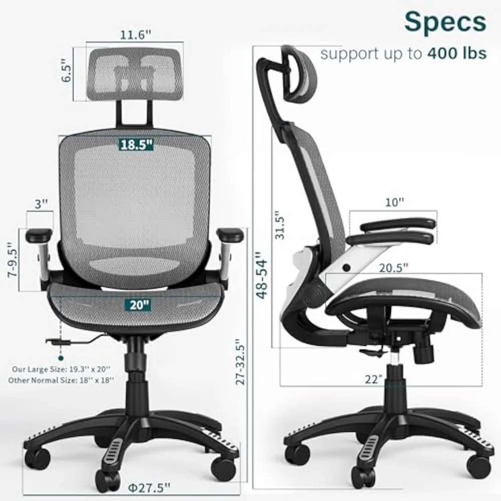 Silla de oficina de malla ergonómica, silla de escritorio de espalda alta, reposacabezas ajustable con brazos abatibles, función de inclinación, soporte Lumbar y PU