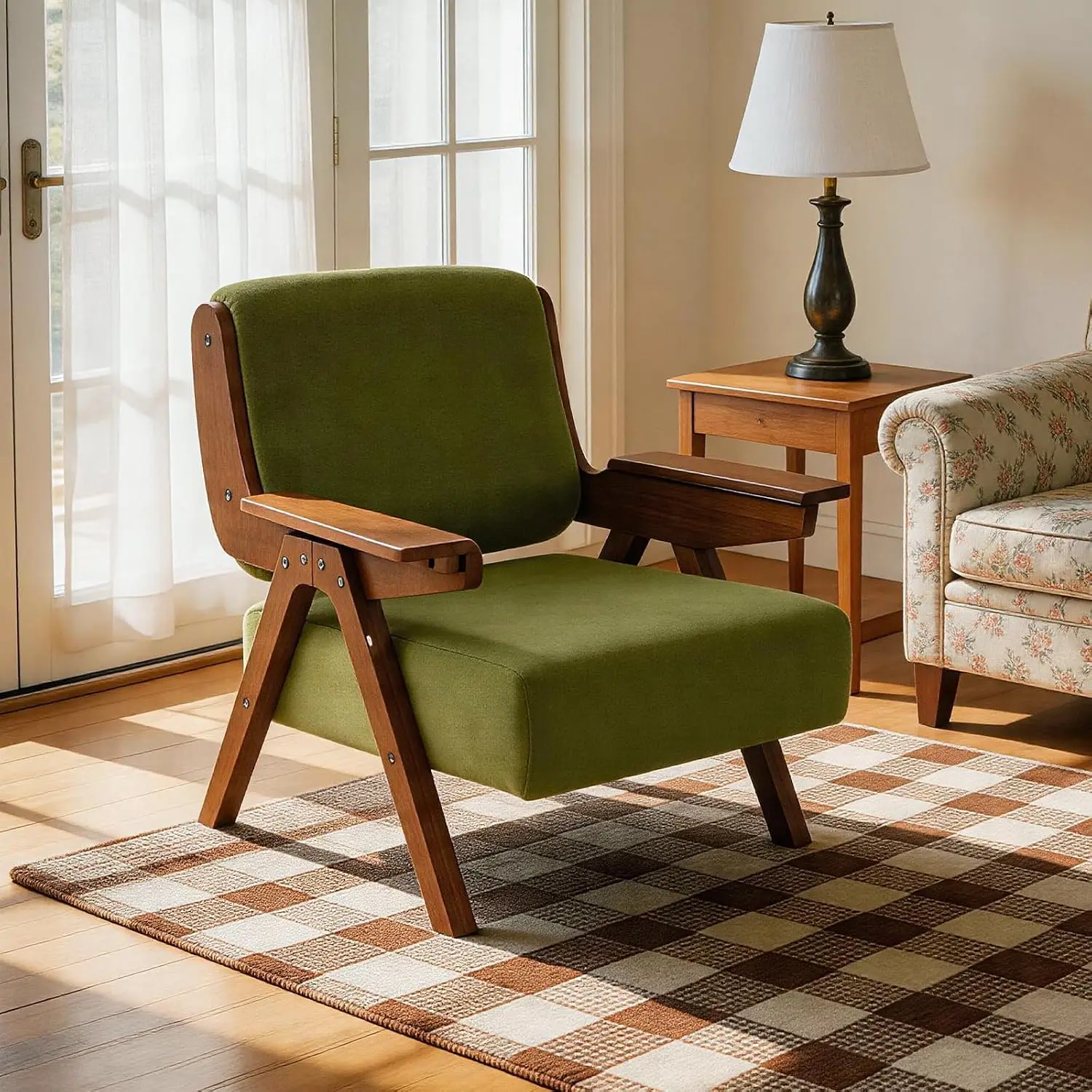 Mid-Century Modern Velvet Lounge Chair Wood Arms Thick Cushion Ergonomic Living Room Bedroom Reading Reception Green, Customized