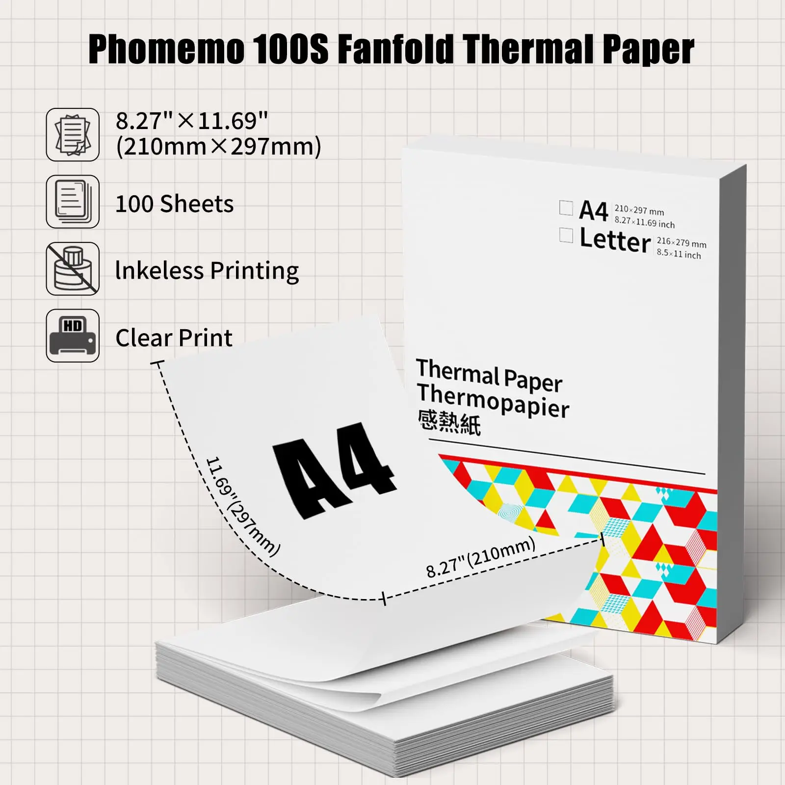 Phomemo A4 Thermal Paper M08F M832 Thermal Printer Folding Paper Compatible with M08F M832 M833 M835 Portable Mini Printer