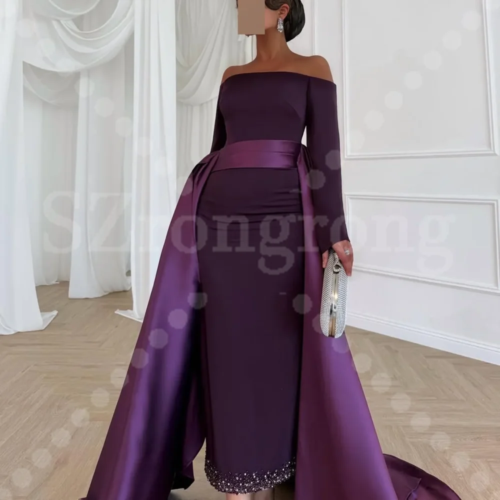 

Custom Made Modern Boat Collar Satin Pleated Fomral Evening Dress Sheath Backless Floor Length Beaded Bridal Dress with Train