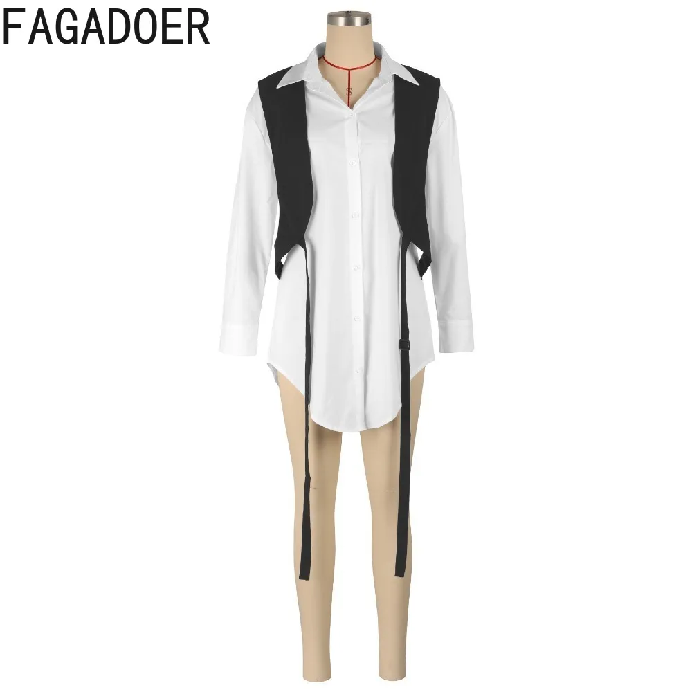 FAGADOER White Fashion Solid Shirt Dress Women Turndown Collar Button Long Sleeve Fake 2 Piece Vest Shirt Dress Streetwear 2024