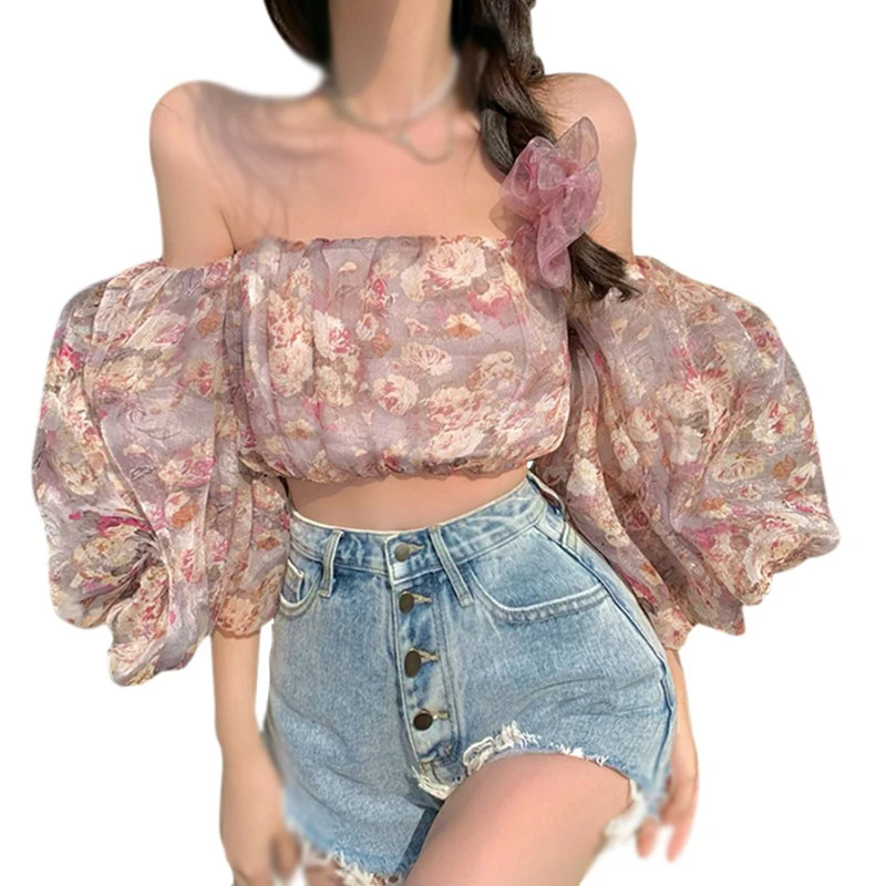 Women\'s Off Shoulder Floral Printed Blouses Puff Sleeve Casual Boho Crop Tops