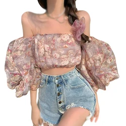 Women's Off Shoulder Floral Printed Blouses Puff Sleeve Casual Boho Crop Tops