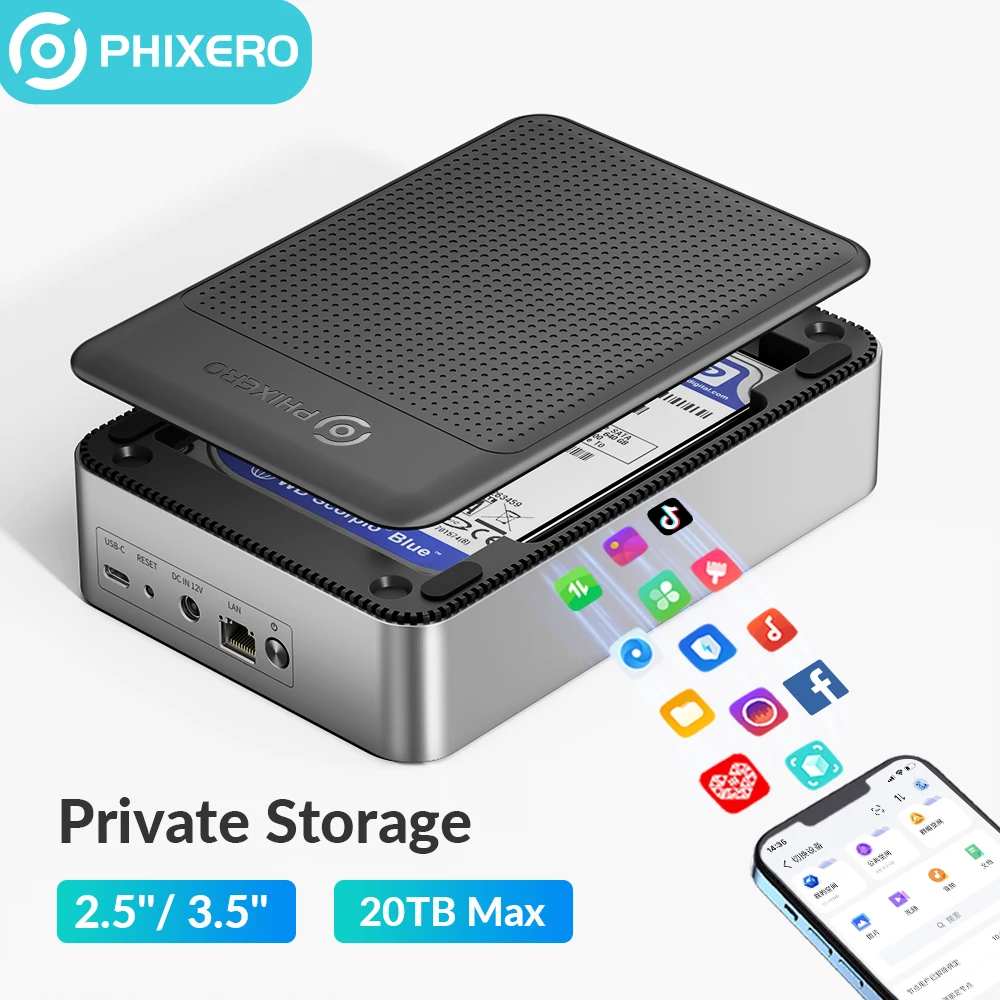 PHIXERO-SATA SSD الضميمة ، شبكة ناس ، HDD صندوق تخزين ، حافظة خارجية ، USB القرص الصلب ، منزل سحابة الخادم ، 2.5 "، 3.5"