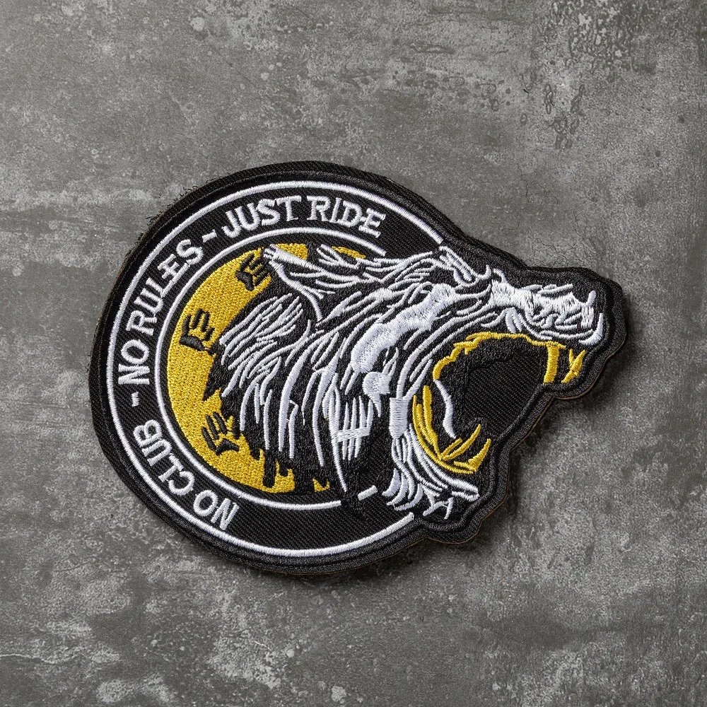 NO CLUB - NO RULES - JUST RIDE - Embroidered Roaring Wolf Graphic Tee and Jacket with Backpack Hook and Loop Patch