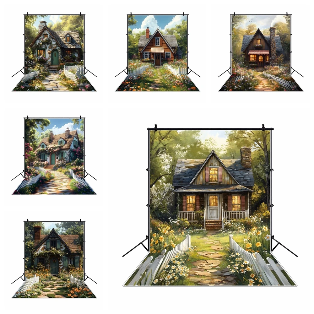 

Vintage Fantasy Cabin Backdrop Fairy Forest Rural Cottage Spring Garden Decoration Photo Background for Photography Booth Props