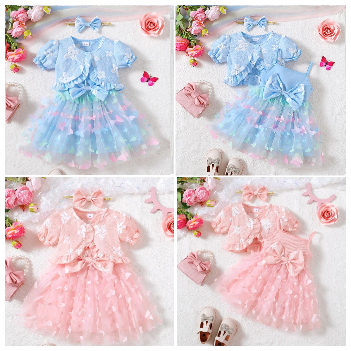 Children\'s Clothing 0-3 Year Girl Beautiful Little Butterfly Fashion Princess Dress+Shawl+Headband Birthday Party Fluffy Dress